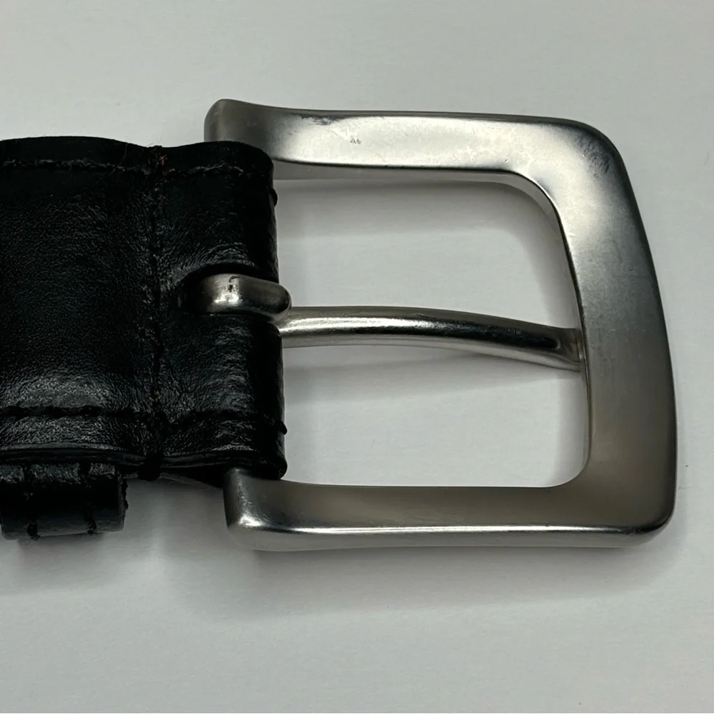 Men’s Black Leather Belt Polished Nickel (Silver/Gray Color) Size 42 / 40” Waist
